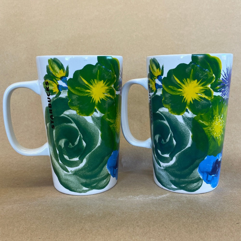 Starbucks Dot Collections Green Blue Yellow Floral Mugs-2014 Pair